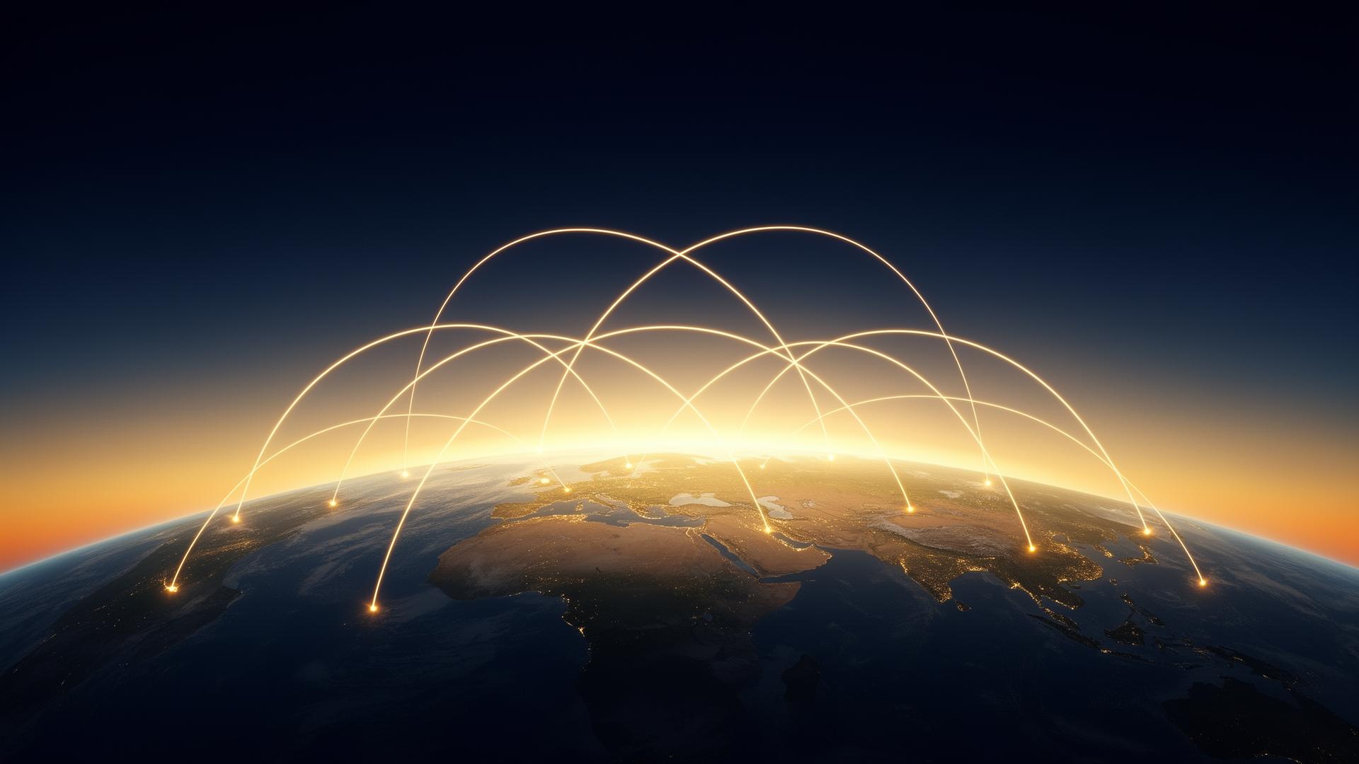 A glowing earth at dawn with arcs of light connecting many points across the globe